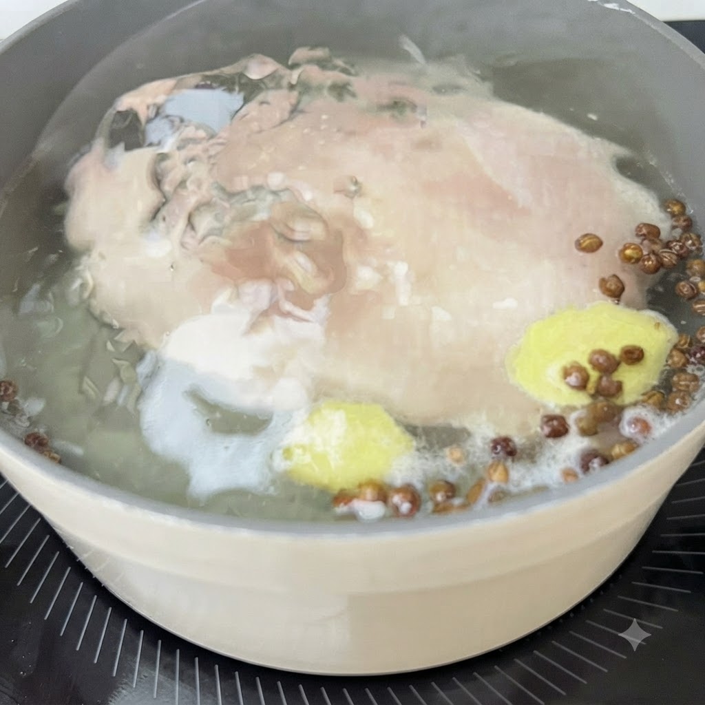 Chicken breast simmering in a pot with ginger slices and Sichuan peppercorns.