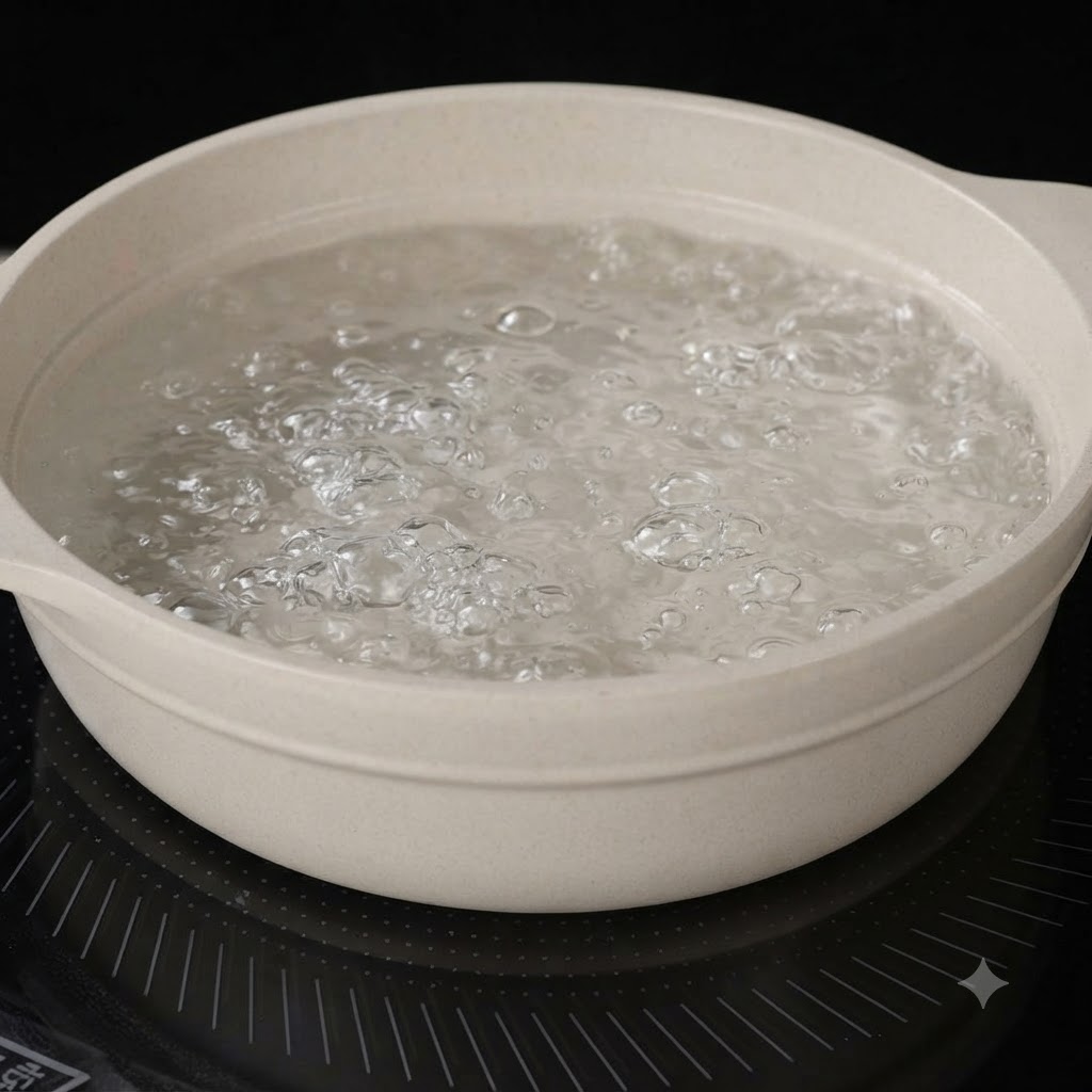 Fresh basil leaves being blanched in a pot of boiling water.
