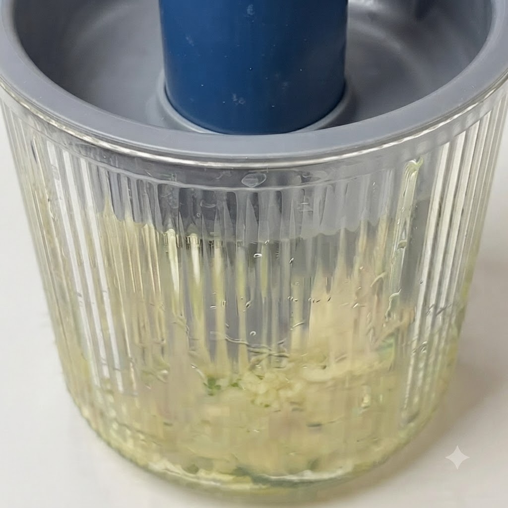 Pesto ingredients being blended inside a food processor to form a coarse green sauce.