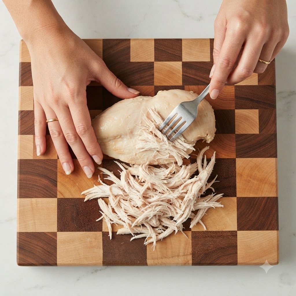 A cooked chicken breast on a wooden cutting board being shredded using a metal fork.