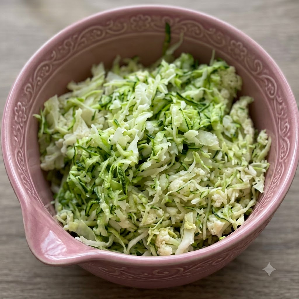 Shredded kale and pesto chicken mixture arranged inside a pink bowl.