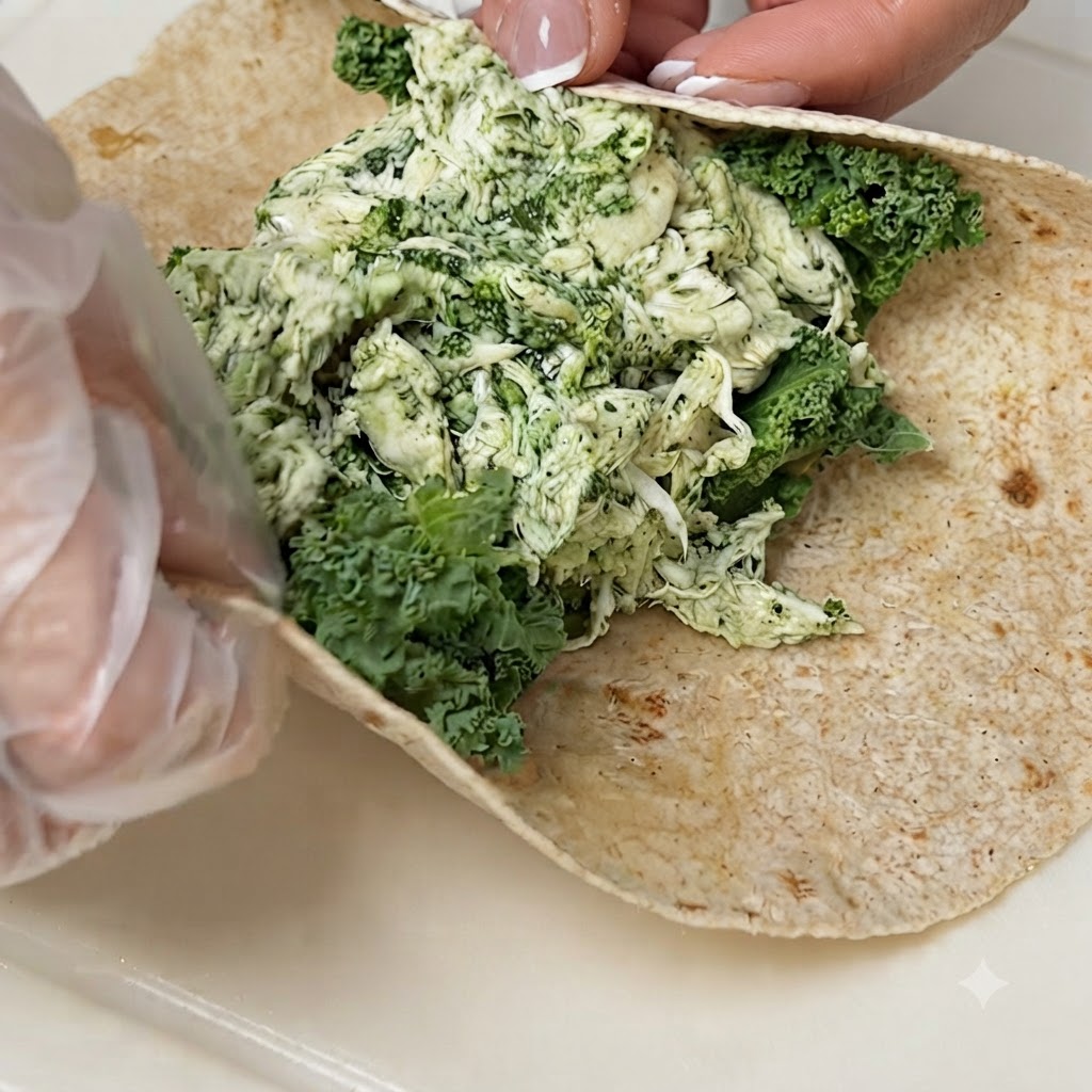 A tortilla being tightly rolled over a green kale and shredded chicken filling on a cutting board.