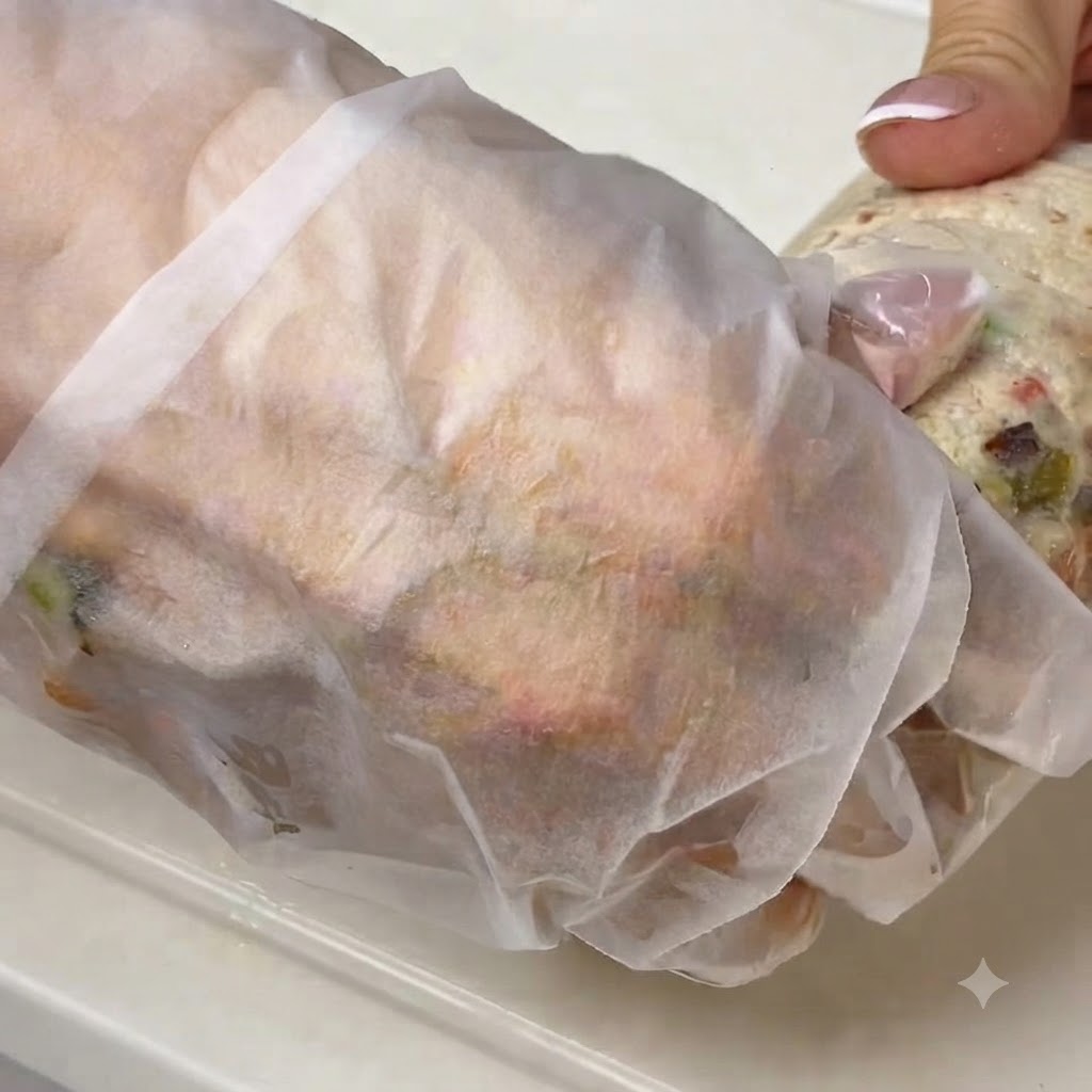 A hand holding parchment paper over a wrap being fried in a pan.