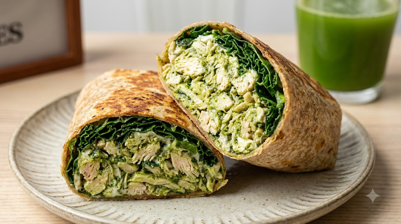 Pesto Shredded Chicken Kale Wrap