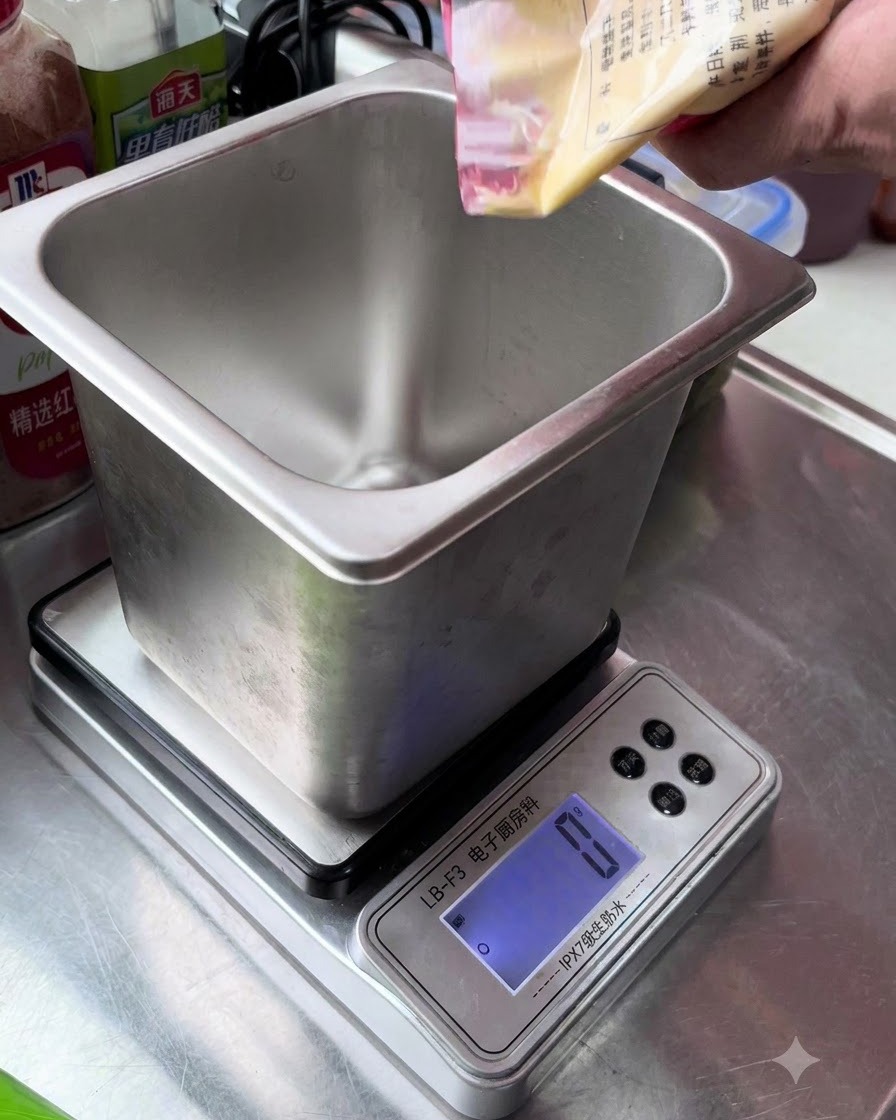 A bag of mayonnaise being squeezed into a metal container resting on a digital weighing scale.
