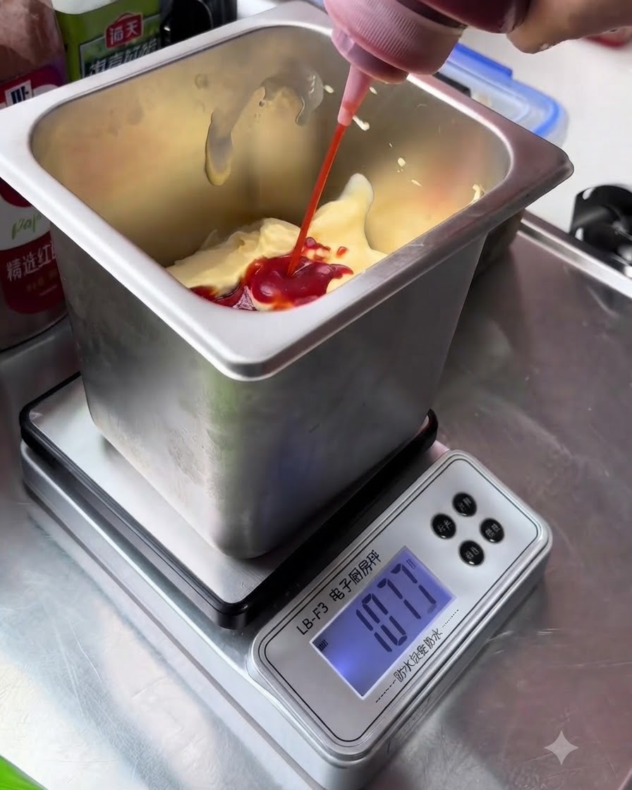 Red ketchup being squirted from a bottle into the white mayonnaise base inside a metal container.
