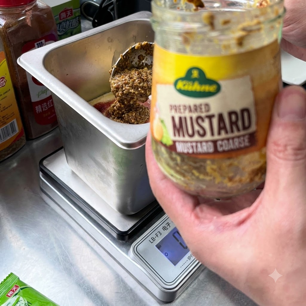 A spoonful of coarse mustard seeds being added from a jar into the sauce container.