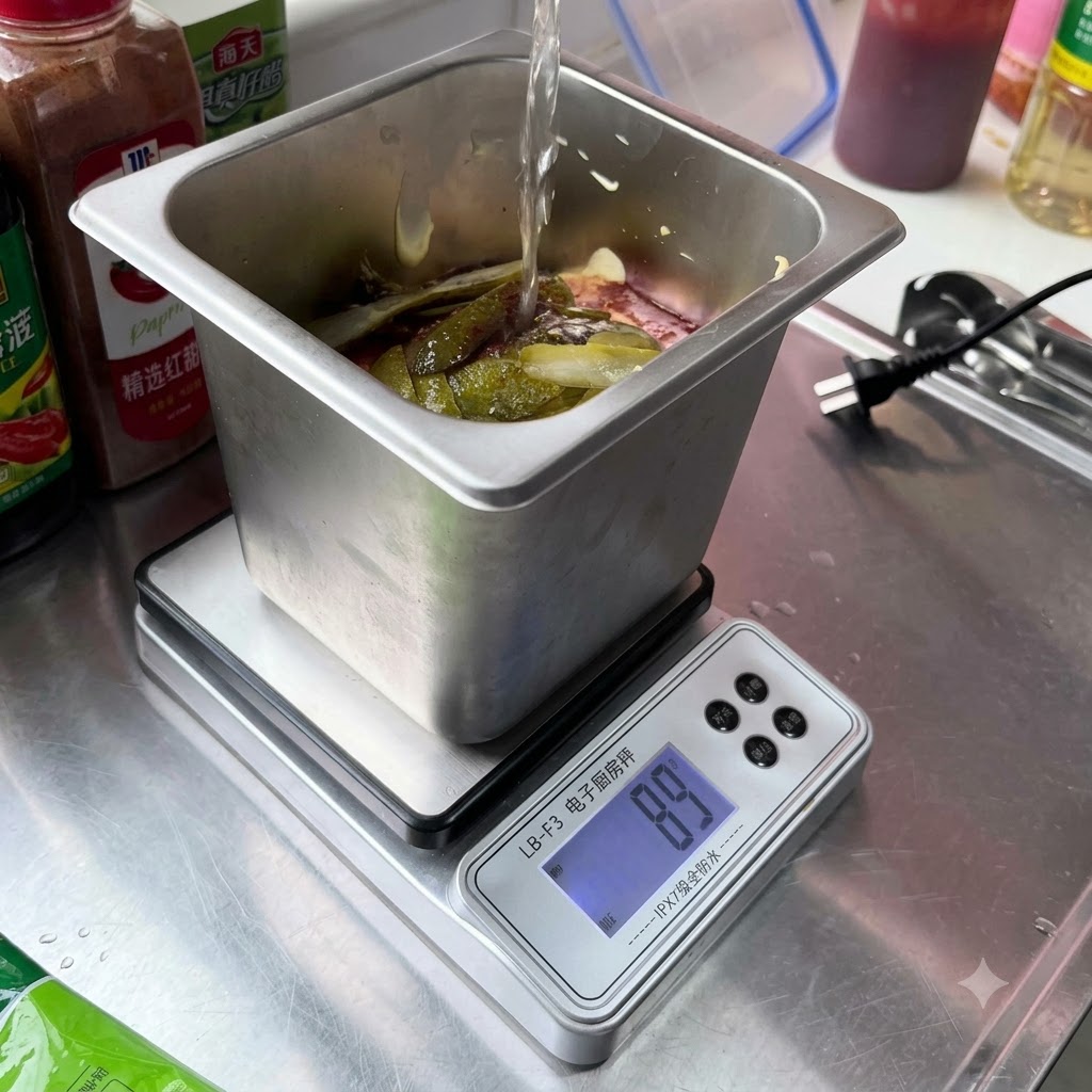 Sliced pickled cucumbers being added into the metal container with the sauce ingredients.