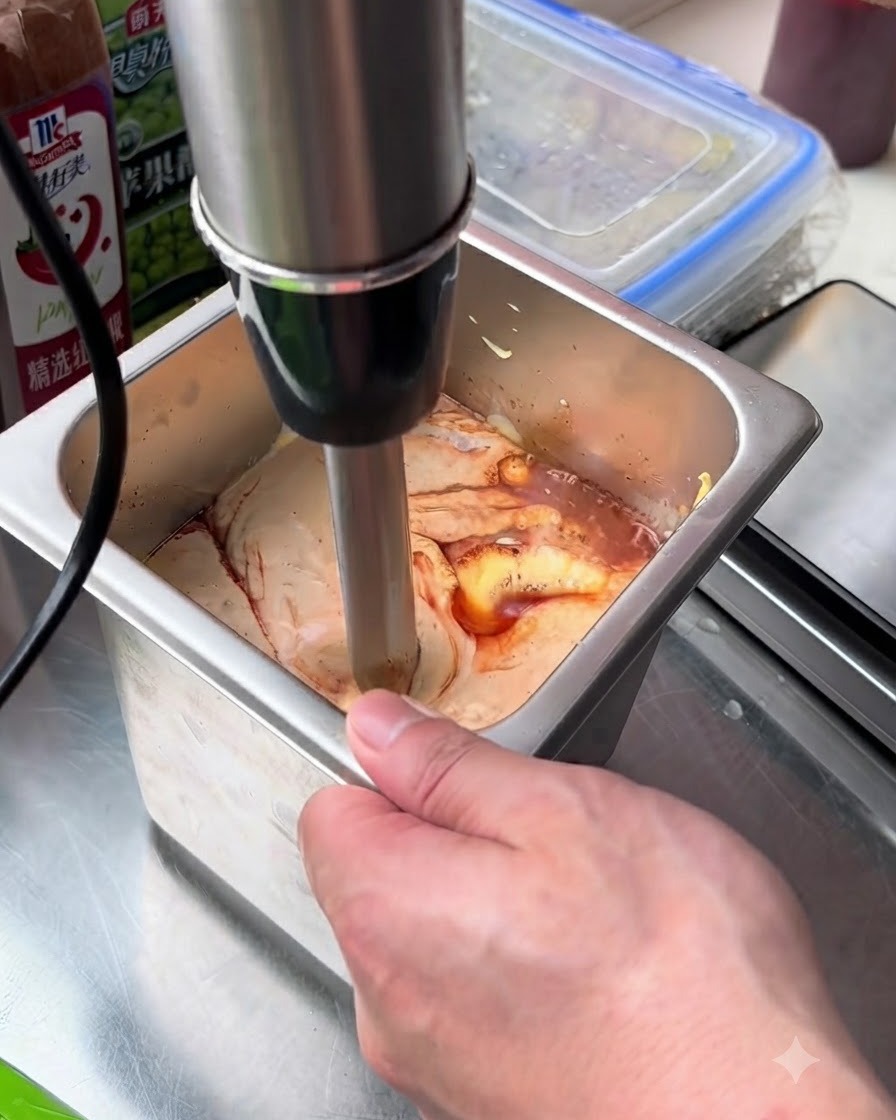 An immersion hand blender mixing the burger sauce ingredients inside the metal container.