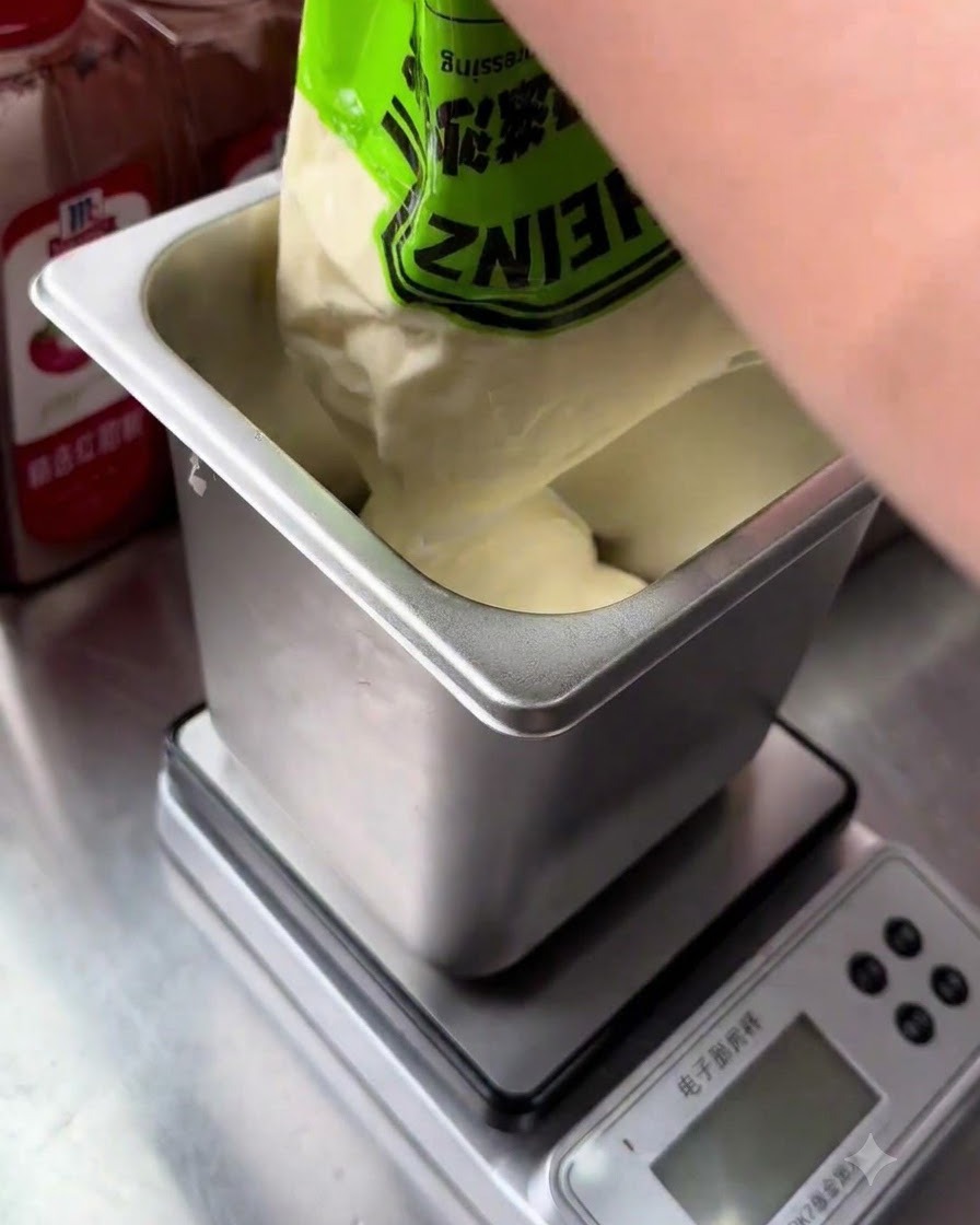 White mayonnaise being squeezed from a commercial bag into a clean square metal container.