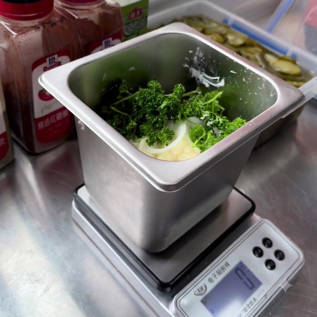 Fresh parsley, sliced white onions, and pickled cucumber slices resting on top of a mayonnaise base in a stainless steel container.