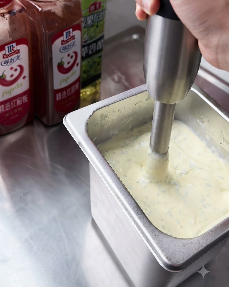 An immersion hand blender being operated inside a stainless steel container to mix the creamy tartar sauce and green herbs.